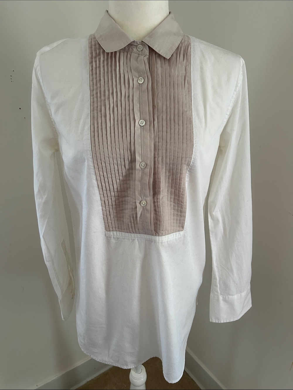 J. CrewWhite Button-Front Tunic with Tan Pleated Bib Sz Xs/S